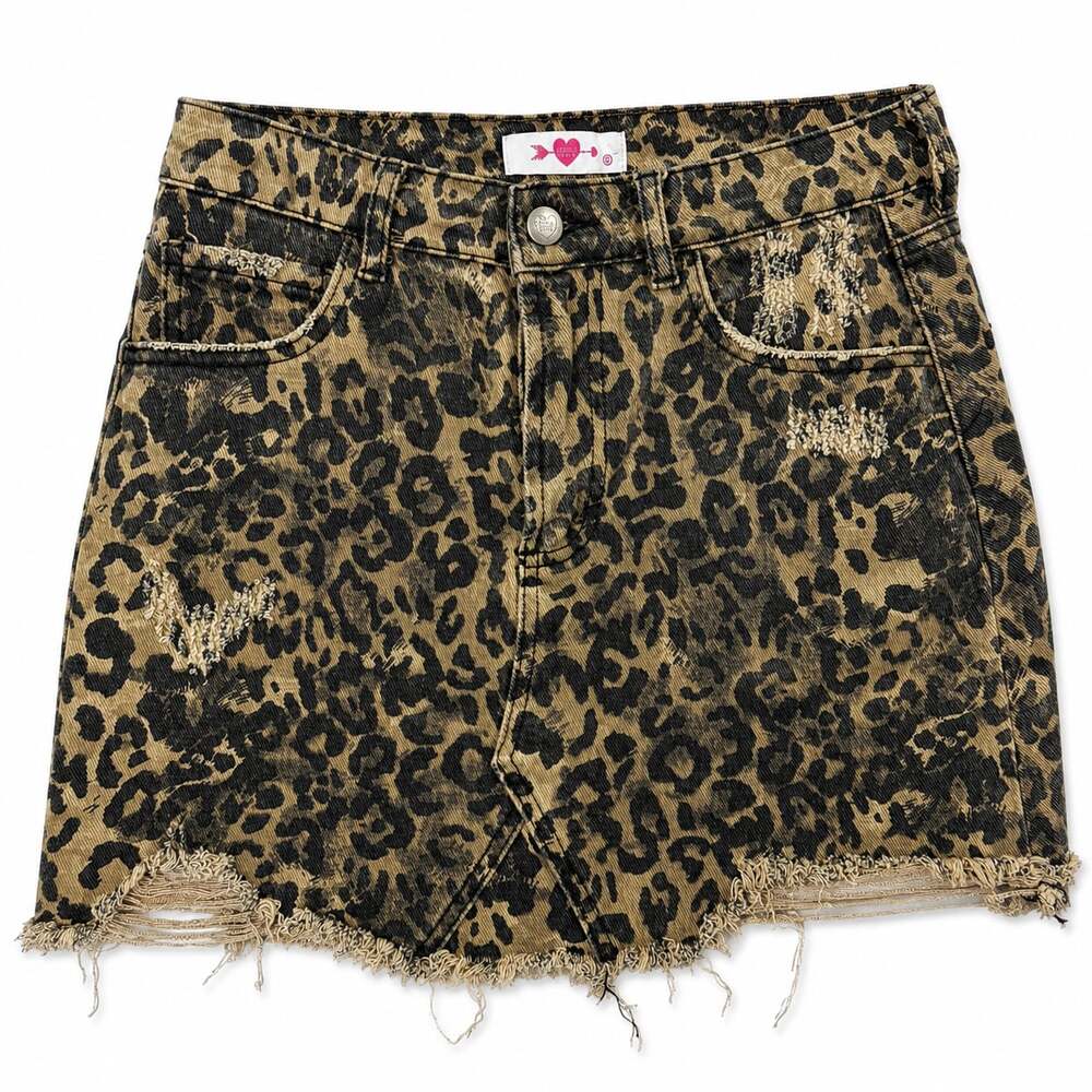 Buddy Love Leopard Print Distressed Denim Mini Skirt